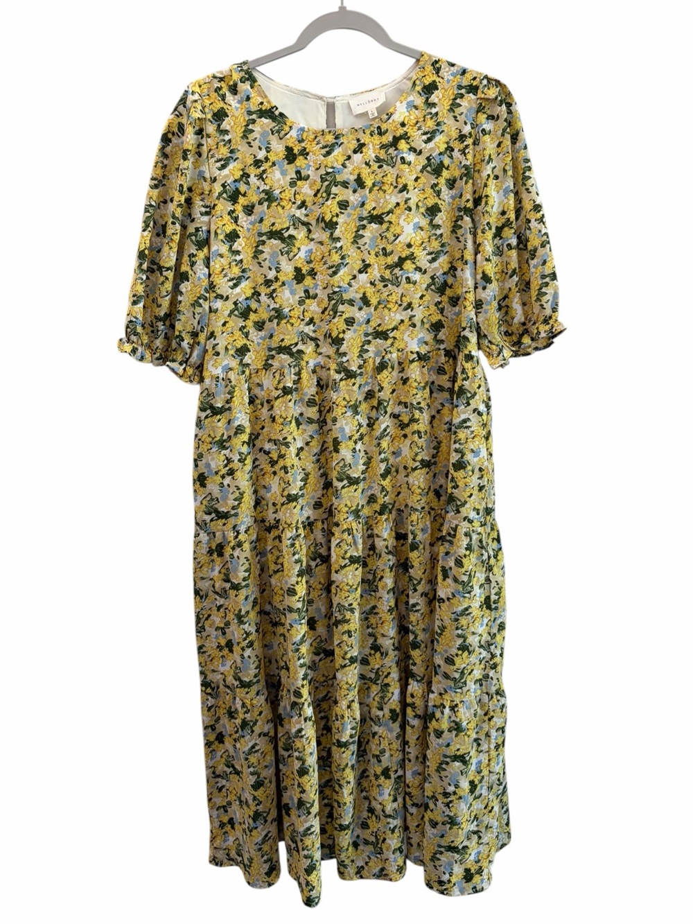 Melloday Baby Shower Party Spring Yellow Floral Tiered Midi Dress Size Large